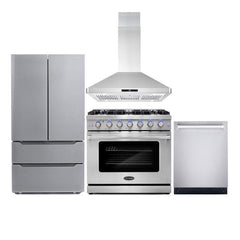 Cosmo 4 Piece Kitchen Package with 36" Freestanding Gas Range 36" Island Mount Range Hood 24" Built-in Fully Integrated Dishwasher & Energy Star French Door Refrigerator - The Home Selection