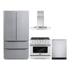 Cosmo 4 Piece Kitchen Package with 36" Freestanding Gas Range 36" Island Range Hood 24" Built-in Fully Integrated Dishwasher & Energy Star French Door Refrigerator - The Home Selection