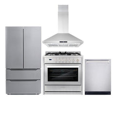 Cosmo 4 Piece Kitchen Package with 36" Freestanding Gas Range 36" Island Range Hood 24" Built-in Fully Integrated Dishwasher & Energy Star French Door Refrigerator - The Home Selection