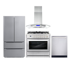 Cosmo 4 Piece Kitchen Package with 36" Freestanding Gas Range 36" Island Range Hood 24" Built-in Fully Integrated Dishwasher & Energy Star French Door Refrigerator - The Home Selection