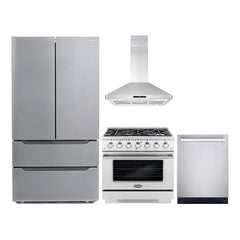Cosmo 4 Piece Kitchen Package with 36" Freestanding Gas Range 36" Island Range Hood 24" Built-in Fully Integrated Dishwasher & Energy Star French Door Refrigerator - The Home Selection
