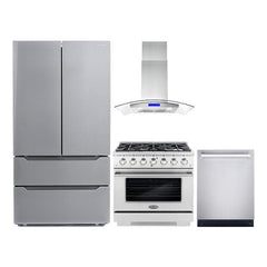 Cosmo 4 Piece Kitchen Package with 36" Freestanding Gas Range 36" Island Range Hood 24" Built-in Fully Integrated Dishwasher & Energy Star French Door Refrigerator - The Home Selection
