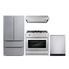 Cosmo 4 Piece Kitchen Package with 36" Freestanding Gas Range 36" Under Cabinet Range Hood 24" Built-in Fully Integrated Dishwasher & Energy Star French Door Refrigerator - The Home Selection