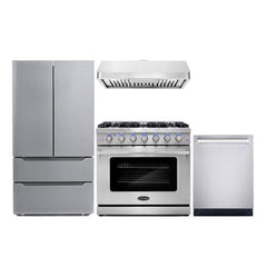 Cosmo 4 Piece Kitchen Package with 36" Freestanding Gas Range 36" Under Cabinet Range Hood 24" Built-in Fully Integrated Dishwasher & Energy Star French Door Refrigerator - The Home Selection