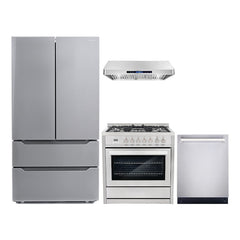 Cosmo 4 Piece Kitchen Package with 36" Freestanding Gas Range 36" Under Cabinet Range Hood 24" Built-in Fully Integrated Dishwasher & Energy Star French Door Refrigerator - The Home Selection