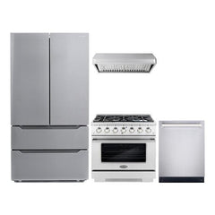Cosmo 4 Piece Kitchen Package with 36" Freestanding Gas Range 36" Under Cabinet Range Hood 24" Built-in Fully Integrated Dishwasher & Energy Star French Door Refrigerator - The Home Selection
