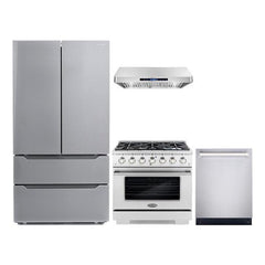 Cosmo 4 Piece Kitchen Package with 36" Freestanding Gas Range 36" Under Cabinet Range Hood 24" Built-in Fully Integrated Dishwasher & Energy Star French Door Refrigerator - The Home Selection