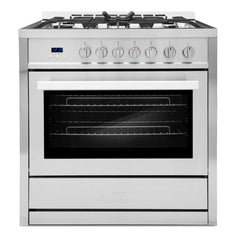 Cosmo 4 Piece Kitchen Package with 36" Freestanding Gas Range 36" Wall Mount Range Hood 24" Built-in Fully Integrated Dishwasher & Energy Star French Door Refrigerator - The Home Selection