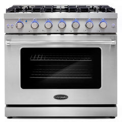 Cosmo 4 Piece Kitchen Package with 36" Freestanding Gas Range 36" Wall Mount Range Hood 24" Built-in Fully Integrated Dishwasher & Energy Star French Door Refrigerator - The Home Selection