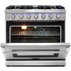 Cosmo 4 Piece Kitchen Package with 36" Freestanding Gas Range 36" Wall Mount Range Hood 24" Built-in Fully Integrated Dishwasher & Energy Star French Door Refrigerator - The Home Selection