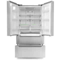 Cosmo 4 Piece Kitchen Package with 36" Freestanding Gas Range 36" Wall Mount Range Hood 24" Built-in Fully Integrated Dishwasher & Energy Star French Door Refrigerator - The Home Selection