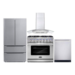 Cosmo 4 Piece Kitchen Package with 36" Freestanding Gas Range 36" Wall Mount Range Hood 24" Built-in Fully Integrated Dishwasher & Energy Star French Door Refrigerator - The Home Selection