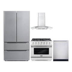 Cosmo 4 Piece Kitchen Package with 36" Freestanding Gas Range 36" Wall Mount Range Hood 24" Built-in Fully Integrated Dishwasher & Energy Star French Door Refrigerator - The Home Selection