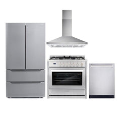 Cosmo 4 Piece Kitchen Package with 36" Freestanding Gas Range 36" Wall Mount Range Hood 24" Built-in Fully Integrated Dishwasher & Energy Star French Door Refrigerator - The Home Selection