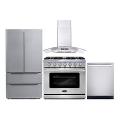 Cosmo 4 Piece Kitchen Package with 36" Freestanding Gas Range 36" Wall Mount Range Hood 24" Built-in Fully Integrated Dishwasher & Energy Star French Door Refrigerator - The Home Selection