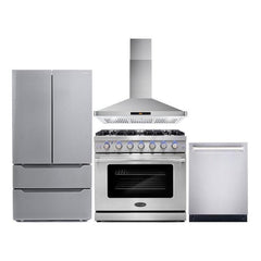 Cosmo 4 Piece Kitchen Package with 36" Freestanding Gas Range 36" Wall Mount Range Hood 24" Built-in Fully Integrated Dishwasher & Energy Star French Door Refrigerator - The Home Selection