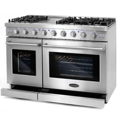 Cosmo 4 Piece Kitchen Package with 48" Freestanding Gas Range 48" Under Cabinet Range Hood 24" Built-in Fully Integrated Dishwasher & Energy Star French Door Refrigerator - The Home Selection