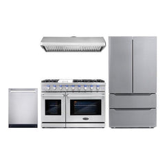 Cosmo 4 Piece Kitchen Package with 48" Freestanding Gas Range 48" Under Cabinet Range Hood 24" Built-in Fully Integrated Dishwasher & Energy Star French Door Refrigerator - The Home Selection