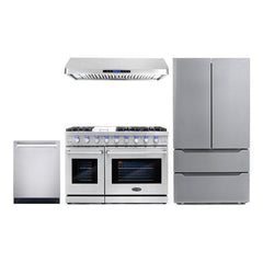 Cosmo 4 Piece Kitchen Package with 48" Freestanding Gas Range 48" Under Cabinet Range Hood 24" Built-in Fully Integrated Dishwasher & Energy Star French Door Refrigerator - The Home Selection