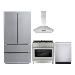 Cosmo Cosmo 4 Piece Kitchen Appliance Packages with 36" Freestanding Gas Range 36" Island Range Hood 24" Built-in Integrated Dishwasher & French Door Refrigerator - The Home Selection