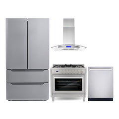 Cosmo Cosmo 4 Piece Kitchen Appliance Packages with 36" Freestanding Gas Range 36" Island Range Hood 24" Built-in Integrated Dishwasher & French Door Refrigerator - The Home Selection