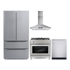 Cosmo Cosmo 4 Piece Kitchen Appliance Packages with 36" Freestanding Gas Range 36" Wall Mount Range Hood 24" Built-in Integrated Dishwasher & French Door Refrigerator - The Home Selection