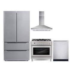 Cosmo Cosmo 4 Piece Kitchen Appliance Packages with 36" Freestanding Gas Range 36" Wall Mount Range Hood 24" Built-in Integrated Dishwasher & French Door - The Home Selection