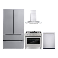 Cosmo Cosmo 4 Piece Kitchen Appliance Packages with 36" Freestanding Gas Range 36" Wall Mount Range Hood 24" Built-in Integrated Dishwasher & French Door - The Home Selection