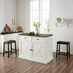 Crosley Clifton Kitchen Island W/Uph Saddle Stools - KF30071WH-BK - The Home Selection