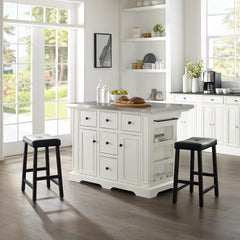 Crosley Julia 50 Inch Stainless Steel Top Island W/Uph Saddle Stools - KF30062WH-BK - The Home Selection