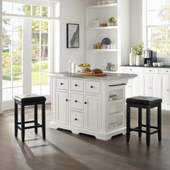 Crosley Julia 50 Inch Stainless Steel Top Island W/Uph Square Stools - KF30063WH-BK - The Home Selection