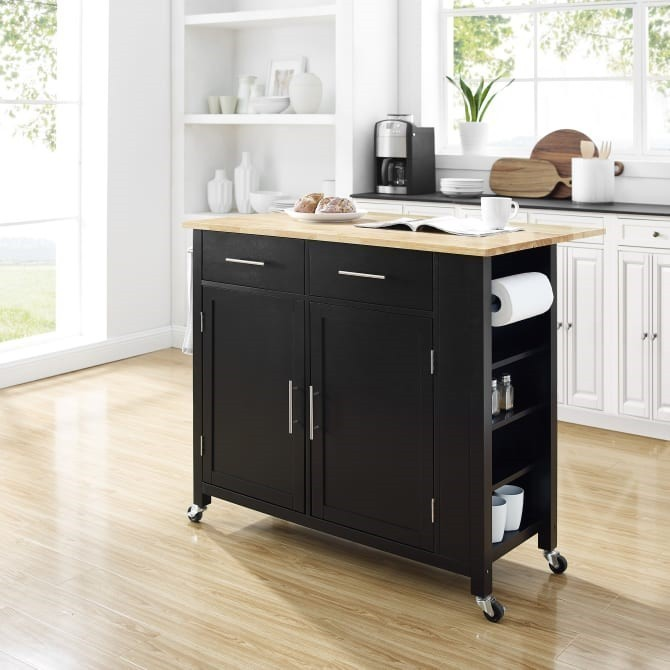 Crosley Savannah 42 Inch Transitional Design Wood Top Drop Leaf Kitchen Island or Cart, Black - CF3031NA - The Home Selection