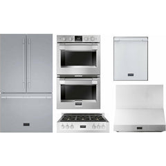 Fulgor Milano Package 30" Double Electric Wall Oven, 36" French Door Refrigerator, 36" Gas Rangetop, 36" Wall Mount Hood and 24" Integrated Built-In Dishwasher