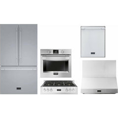 Fulgor Milano Package 30" Electric Wall Oven, 36" French Door Refrigerator, 36" Gas Rangetop, 36" Wall Mount Hood and 24" Built-In Dishwasher