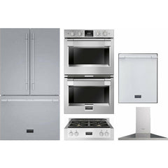 Fulgor Milano Package 30" Double Electric Wall Oven, 36" French Door Refrigerator, 30" Gas Rangetop, 30" Wall Mount Range Hood and 24" Built-In Dishwasher