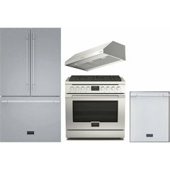 Fulgor Milano Package - 36" Gas Range, 36" French Door Refrigerator, 24" Built-In Dishwasher and 36" Under Cabinet Range Hood