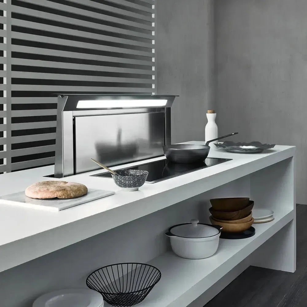 Falmec 36" Downdraft, Tempered Glass, with Touch Control + 24H Function, LED Strip Lighting, Removable & Washable Filter, Optional Remote Control, and Perimeter Suction - FDDOW36T6 - The Home Selection