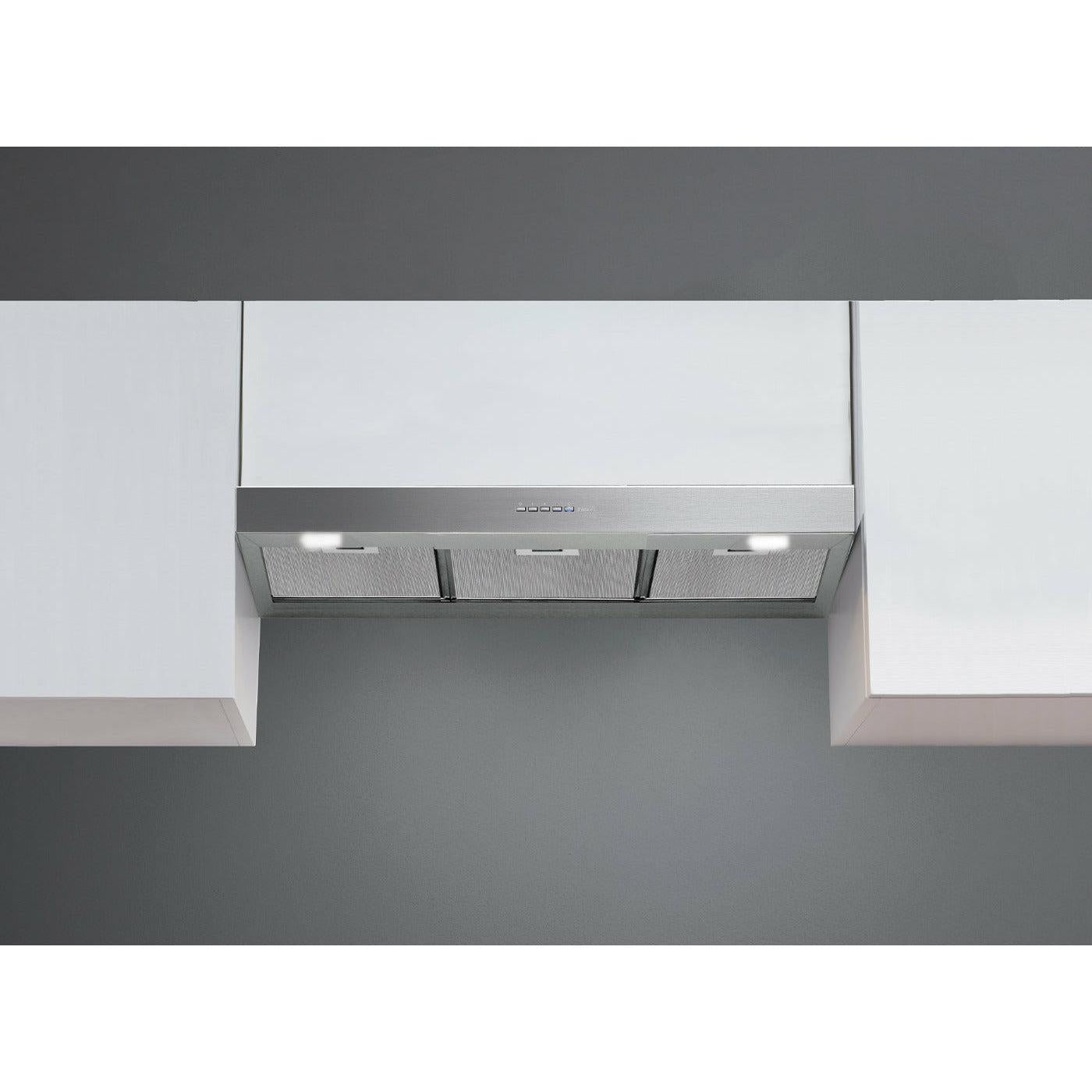 Falmec Mercurio Under Cabinet Hood, w/ 600 CFM, Mechanical control, LED lighting, Metallic grease filter, Optional charcoal filter, Scotch brite stainless steel, removable and washable - FPMEUB3SS - The Home Selection
