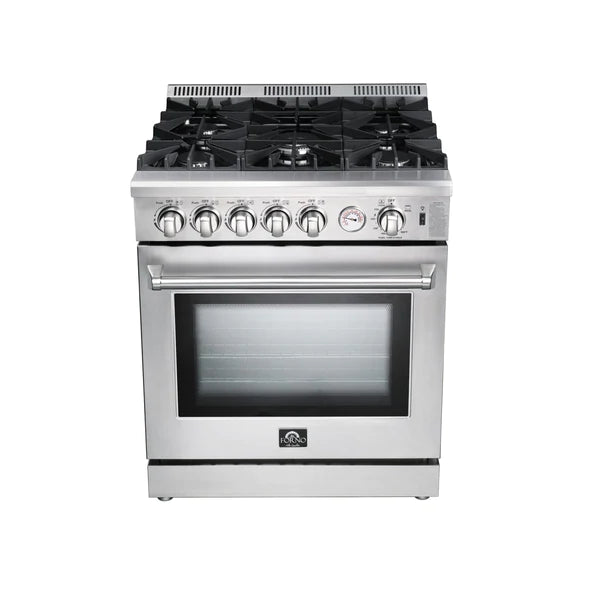 Forno 3-Piece Appliance Package - 30" Gas Range, Pro-Style Refrigerator, and Dishwasher in Stainless Steel
