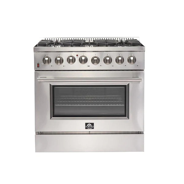Forno 3-Piece Appliance Package - 36" Dual Fuel Range, Pro-Style Refrigerator, and Dishwasher in Stainless Steel