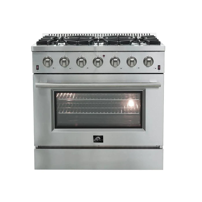 Forno 3-Piece Appliance Package - 36" Gas Range, French Door Refrigerator, and Dishwasher in Stainless Steel