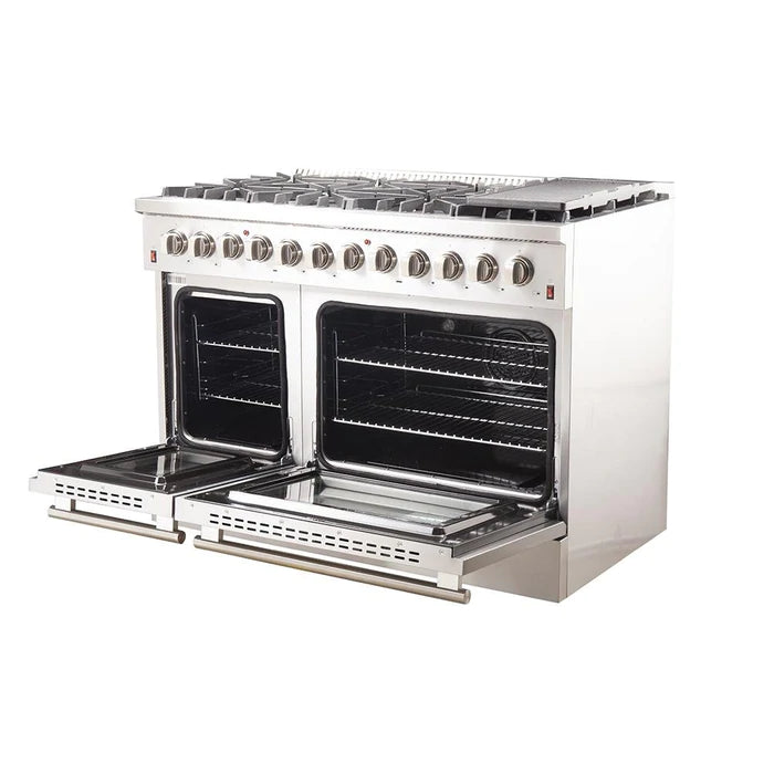 Forno 3-Piece Appliance Package - 48" Dual Fuel Range, French Door Refrigerator, and Dishwasher in Stainless Steel