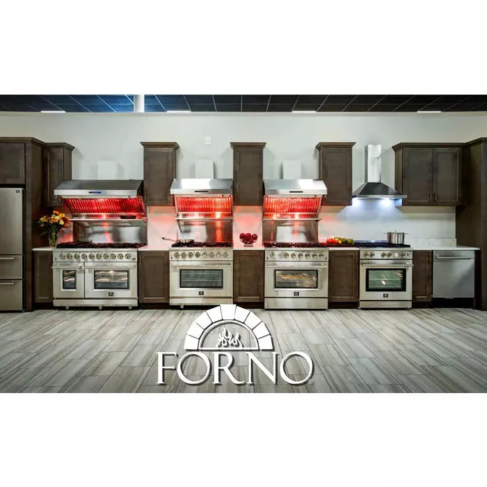 Forno 4-Piece Pro Appliance Package - 30" Dual Fuel Range, Premium Hood, French Door Refrigerator, and Dishwasher in Stainless Steel