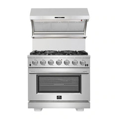 Forno 4-Piece Pro Appliance Package - 36" Gas Range, Wall Mount Hood with Backsplash, 36" French Door Refrigerator, and Dishwasher in Stainless Steel