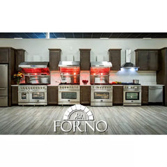 Forno 4-Piece Pro Appliance Package - 36" Gas Range, Wall Mount Hood with Backsplash, 36" French Door Refrigerator, and Dishwasher in Stainless Steel