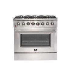 Forno 3-Piece Appliance Package - 36" Dual Fuel Range, Pro-Style Refrigerator, and Dishwasher in Stainless Steel - The Home Selection
