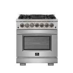 Forno 3-Piece Pro Appliance Package - 30" Dual Fuel Range, Pro-Style Refrigerator, and Dishwasher in Stainless Steel - The Home Selection
