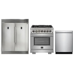 Forno 3-Piece Pro Appliance Package - 30" Dual Fuel Range, Pro-Style Refrigerator, and Dishwasher in Stainless Steel - The Home Selection