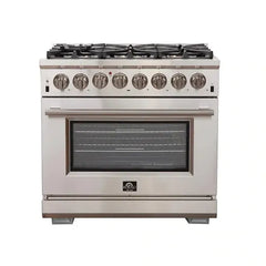 Forno 3-Piece Pro Appliance Package - 36" Dual Fuel Range, Pro-Style Refrigerator, and Dishwasher in Stainless Steel - The Home Selection