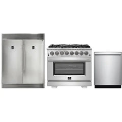 Forno 3-Piece Pro Appliance Package - 36" Dual Fuel Range, Pro-Style Refrigerator, and Dishwasher in Stainless Steel - The Home Selection